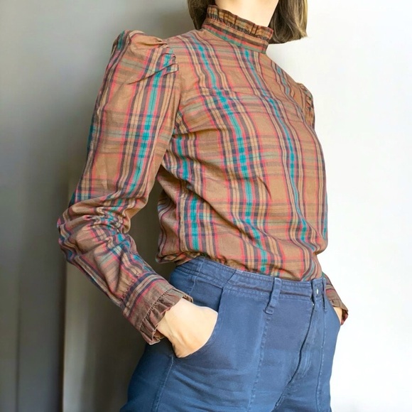 Vintage 80s Latham House Plaid Ruffle Blouse Puff Sleeve Academia Shirt Small - Picture 1 of 15